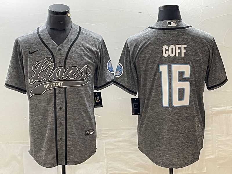 Men's Detroit Lions #16 Jared Goff Grey Gridiron With Patch Cool Base Baseball Limited Jersey